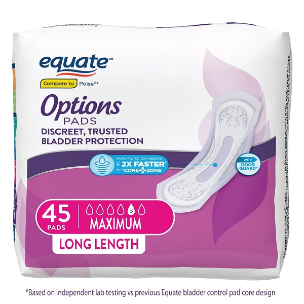 Equate-Options-Women-s-Bladder-Control-Pads-Unscented-Maximum-Absorbency-Long-Length-45-Count - 1