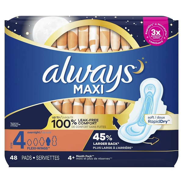 Always-Maxi-Overnight-with-Wings-Unscented-Pads-48-Count - 4